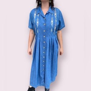 90e Stonybrook  Pleated Waist Pastel Embroidered Flowers Full Length Jean  Dress